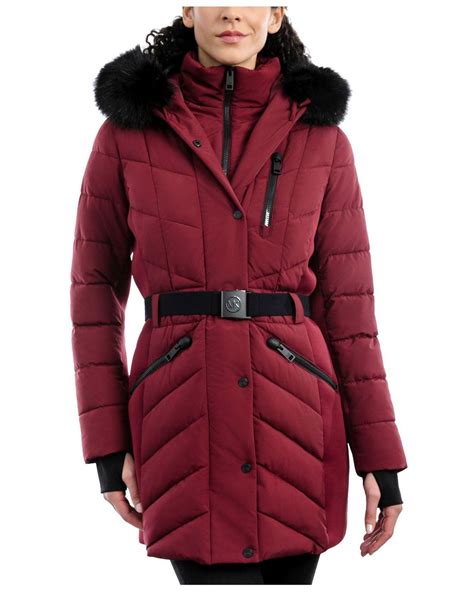 michael kors belted faux-fur-trim puffer coat red